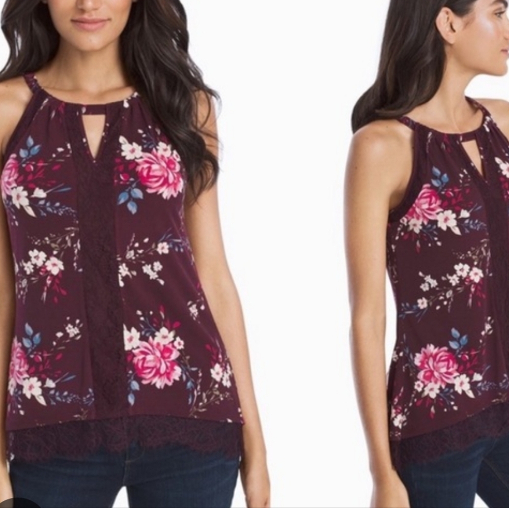 WHBM Merlot Floral Lace Sleeveless Top Size Small Purple Burgundy